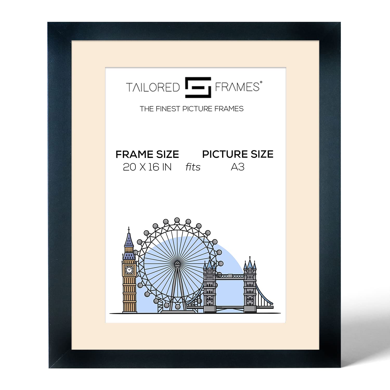 Tailored Frames Seattle Black 20" x 16" Frame for A3 picture | Single Picture Frames | Wall Hanging Type | Photo Frame With Antique Mount