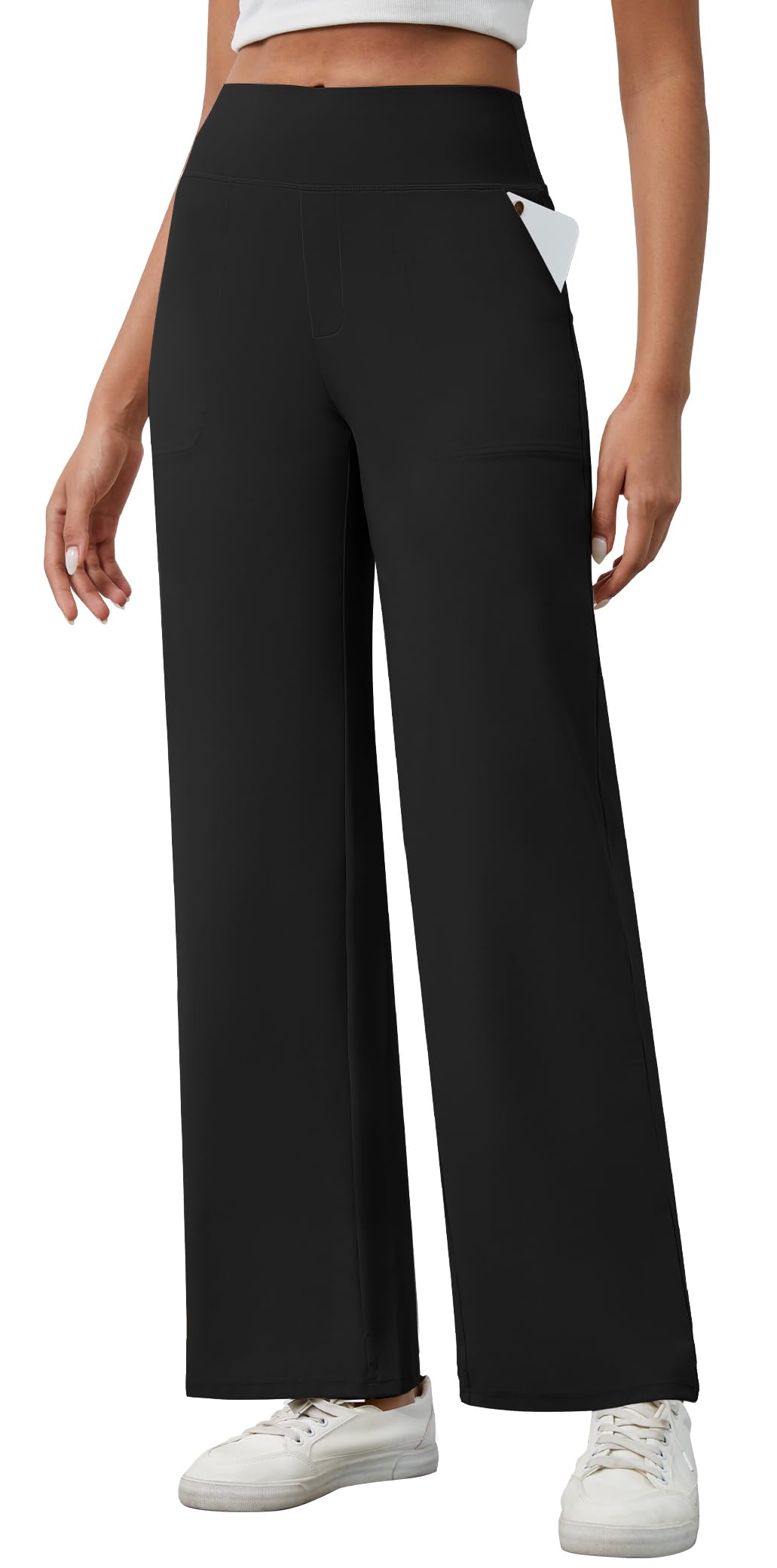 AVAMO Wide Leg Pants for Women Stretchy Work Pants Tummy Control Pants with Pockets Pull On Slacks Black