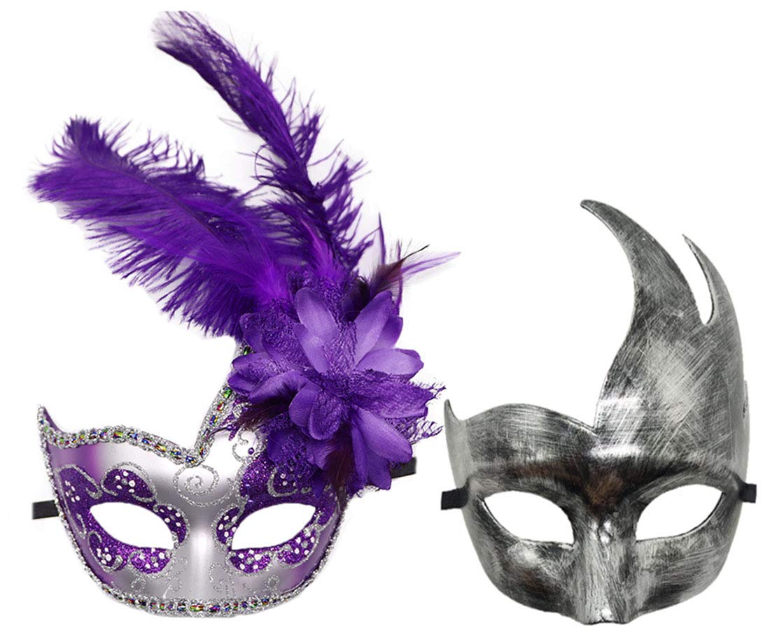 Coolwife Couple Feather Mask Masquerade Halloween Mardi Gras Cosplay Party Costume Masks (Couple Silver Purple)