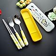 OLizee® Cute Creative Cow Pattern Design Flatware Set of 3 Ceramics Handle Stainless Steel Spoon Fork Chopsticks for Traveling Portable Lovely Animals Korean Tableware Set (Yellow)