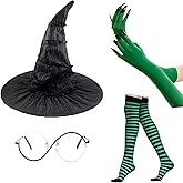 Maricrosea 4 PCS Wicked Costume Set, Elphaba Witch Costumes Accessories with Witch Hat, Green Claws Gloves, Glasses，Striped Stocking Halloween Cosplay Party Outfit