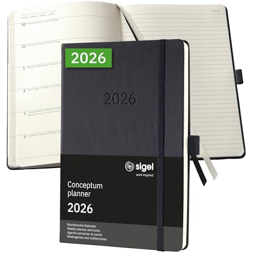 SIGEL C2614 Weekly planner and notes Conceptum 2026-1 year - approx. A5 - black - 2 pages = week on left/notes on right - hardcover - 80 gsm - 192 p. - PEFC-certified