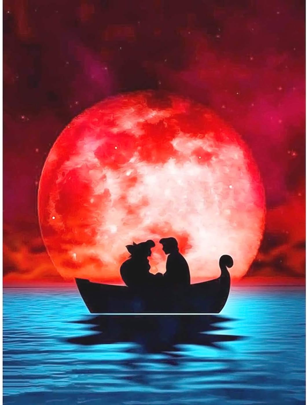 Kaliosy DIY 5D Diamond Painting by Number Kits for Adults Moon Boat Couple, Paint with Diamonds Arts Supply Canvas Bedroom Wall Decor 12x16 inch