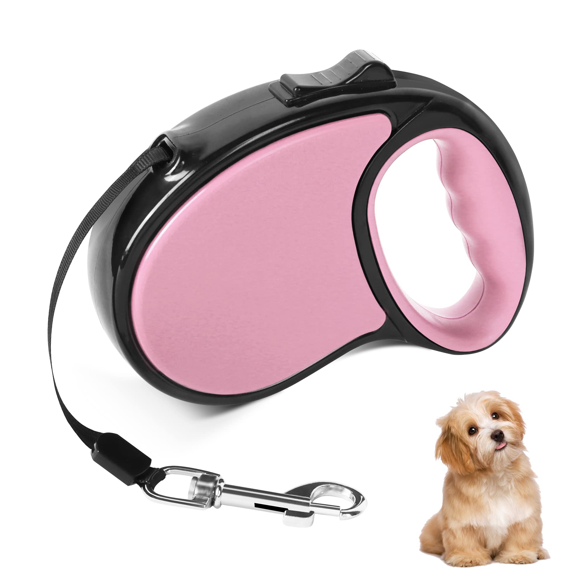 Beaface Retractable Dog Lead for Small Medium Dogs Up to 20KG, Retractable Dog Leads 16ft/5M, Extendable Dog Leads with Anti-Slip Handle, Anti-Tangled Strong Nylon Tape (Pink)