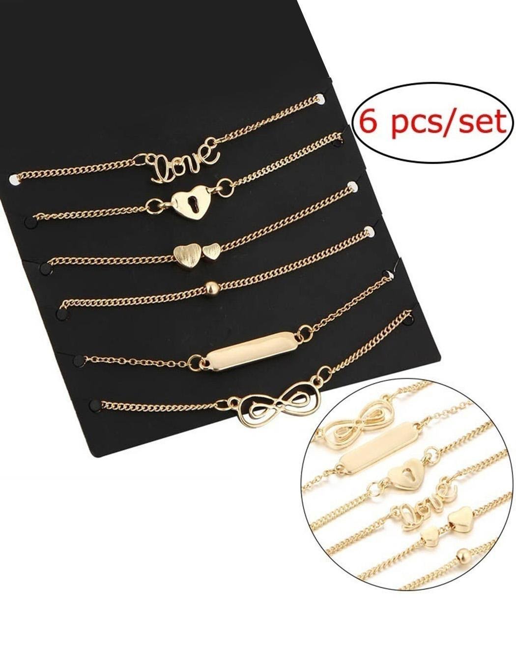 Jingjing1 Anklet Bracelets 6 Pcs Set Adjustable Fashion Heart Love Foot Chain
