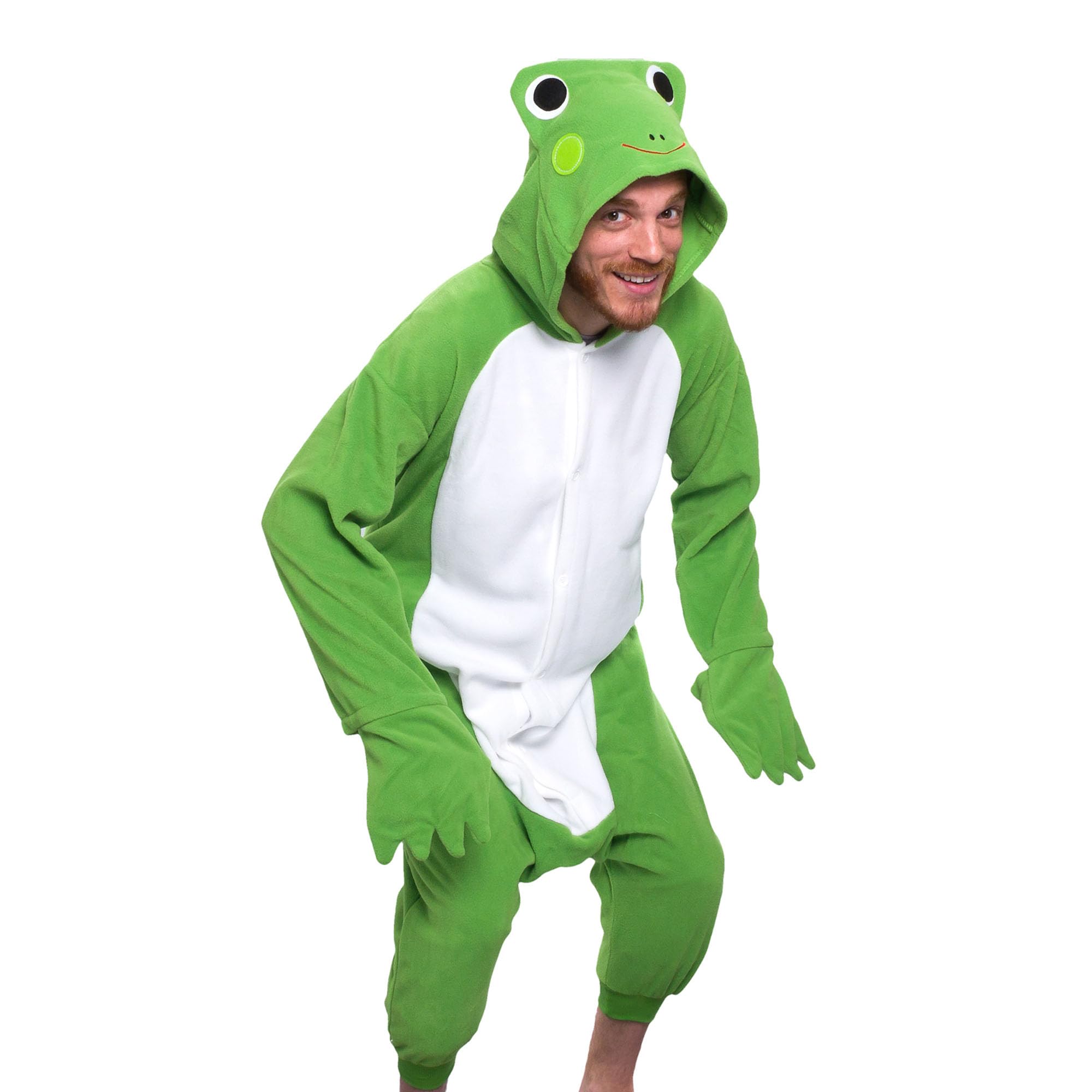 Photo 1 of Funziez! Adult Onesie Halloween Costume - Animal Dinosaur Shark - Unisex Plush One Piece Cosplay Suit for Adults, Men and Women (Large, Toad)