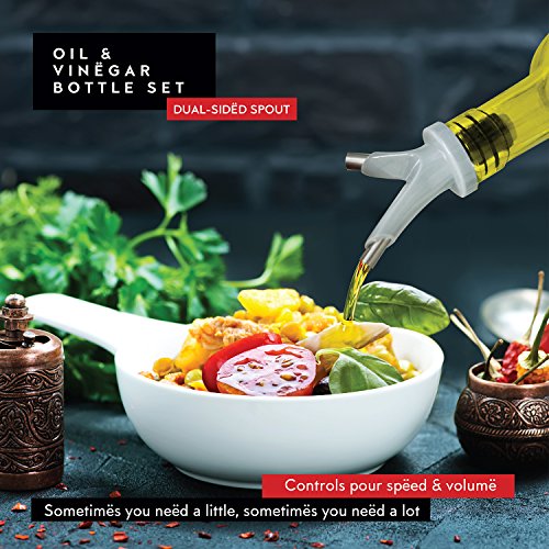 Dwellza Kitchen Glass Olive Oil and Vinegar Dispenser Set with FREE Collapsible Silicone Funnel | No-Drip Double Spouts | Dishwasher-Safe Bottles and Stainless Steel Holder in Break-Free Packaging