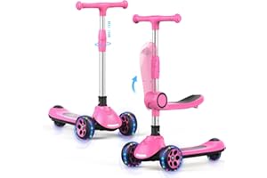 EVLIQUIL Kids Kick Scooter,Adjustable Height Handlebars and Removable Seat Scooters for Kids,3 Lighted Wheels Anti-Slip Deck Toddler Scooter for Boys & Girls Aged 3-12 up to 132 Lbs.