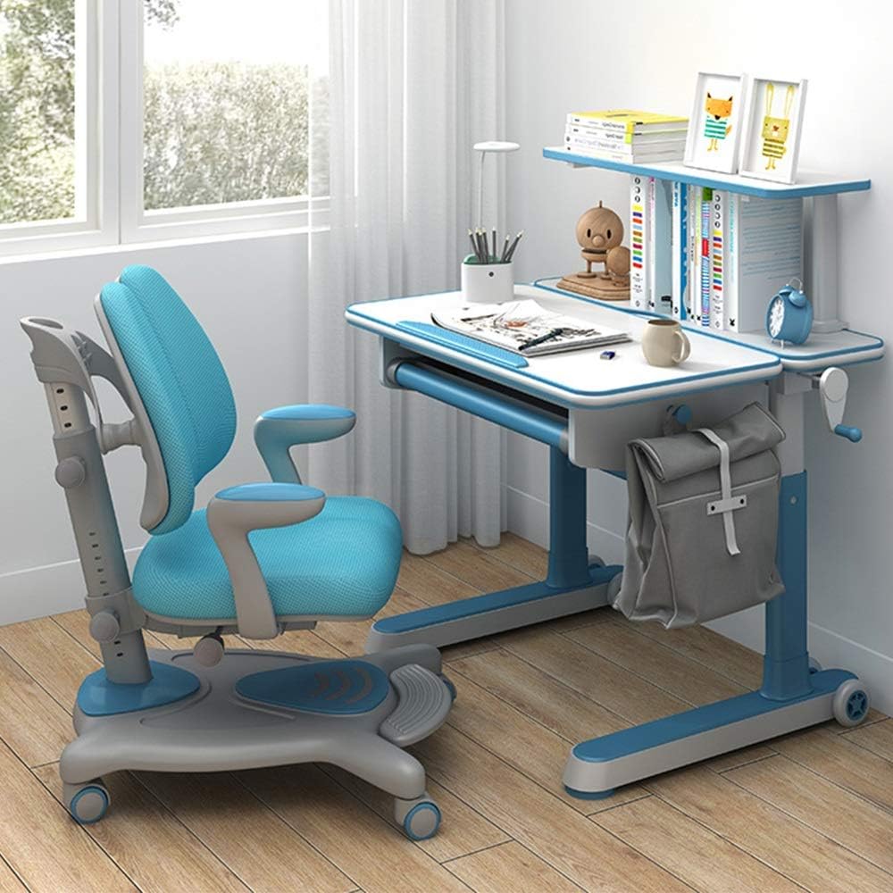 Qiupei Kids Study Table Children’s Desk and Chair Set Student Study Workstation Wooden Kids Bedroom Furniture Workstation for Boys Girls (Color : Blue, Size : One Size)