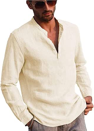 Mens Linen Henley Shirt Casual Button 