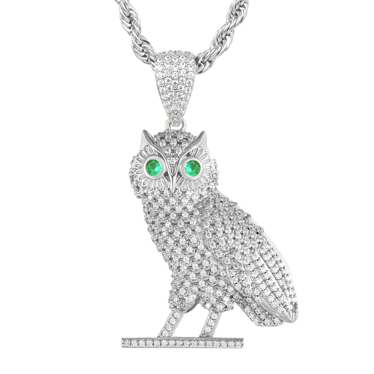 PY BLING Full Iced Out Owl Pendant 18K Gold/White Gold Plated Hip Hop Fashion Simulated Diamond CZ Pendant with Stainless Steel Rope Chain Necklace for Men Women, Metal