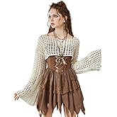 WDIRARA Women's Crochet Crop Tops Shrugs Y2k Hollow Out Sweater Knit Crochet Long Sleeve Crop Tops