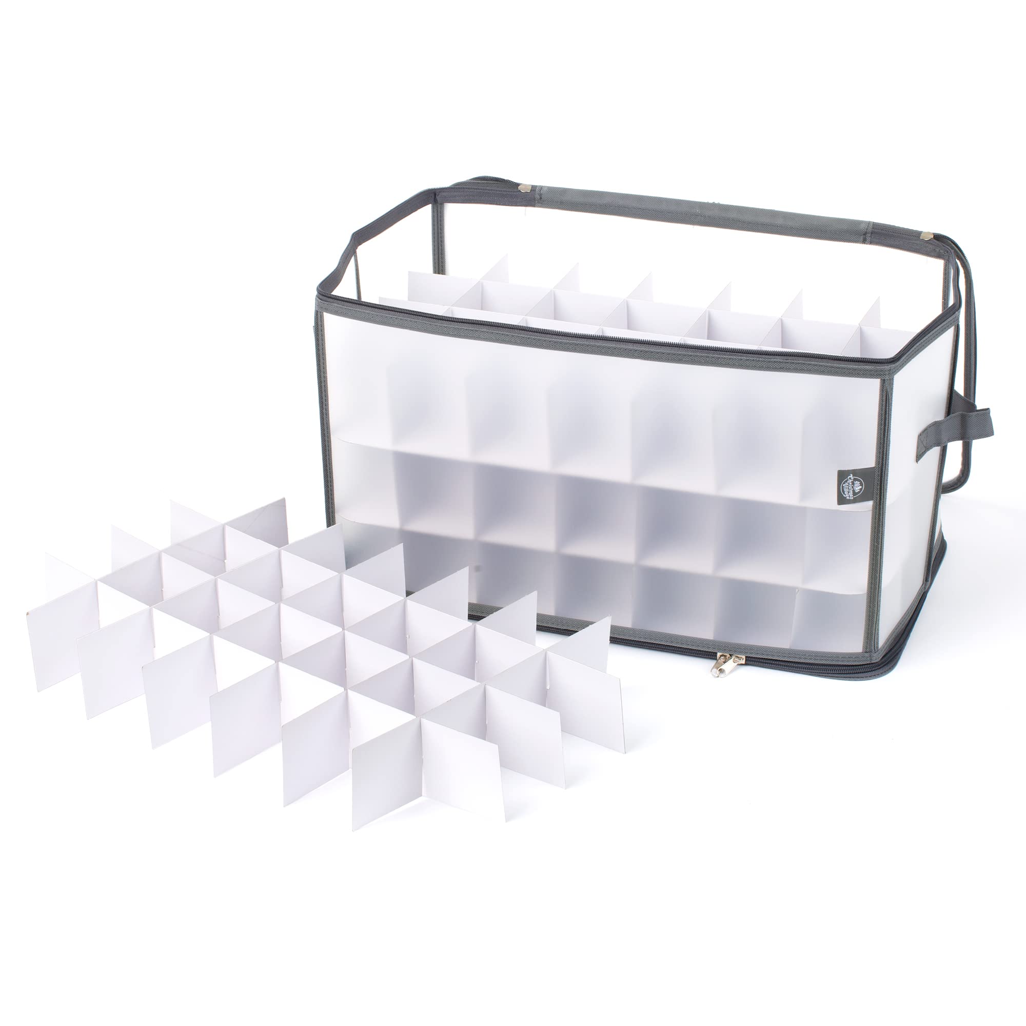 Christmas Village Christmas Tree Bauble and Decoration Storage Cube Bag Holder with Dividers for 112 Xmas Ornaments – Large Folding Holder with Separators, Zipped Lid and Handles (Grey)