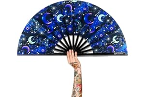 Raveahem Large Folding Fan, 13 Inch Clack Rave Fan Hand Held Fan for Women Men with Premium Satin Fabric, Thick Bamboo Frame for EDM, Music Festival, Party, Dance, Decoration, Gift (Luna Pulse)