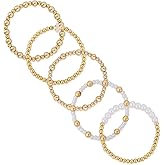 Mikovivi 10pcs Gold-Colored Pearl Beaded Cross Bracelets Set for Women, Stackable Stretch Bead Bracelets Adjustable Elastic Non-Tarnish Jewelry Boho Trendy Jewelry Gift Ladies Fashion Accessories