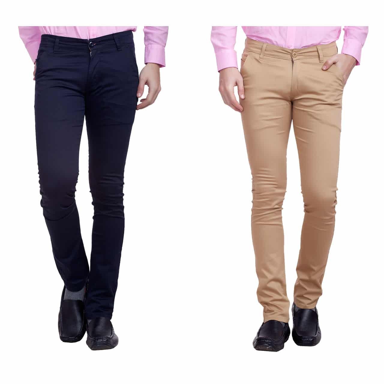 nimegh navy blue and beige color cotton casual slim fit trouser for men's (pack of 2)