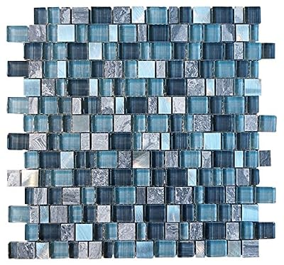 Glossy Blue and Blue Stone Random Brick Cubes Pattern Glass Mosaic Tiles for Bathroom and Kitchen Walls Kitchen Backsplashes