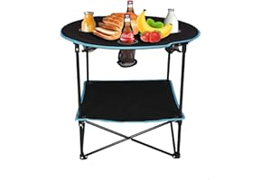 Vilobos Camping Table That Fold Up Lightweight Picnic Side Folding Table with 4 Cup Holders and Carry Bag, for Fishing, Beach, Outdoors, Picnic and Hiking, Round (Black & Blue)