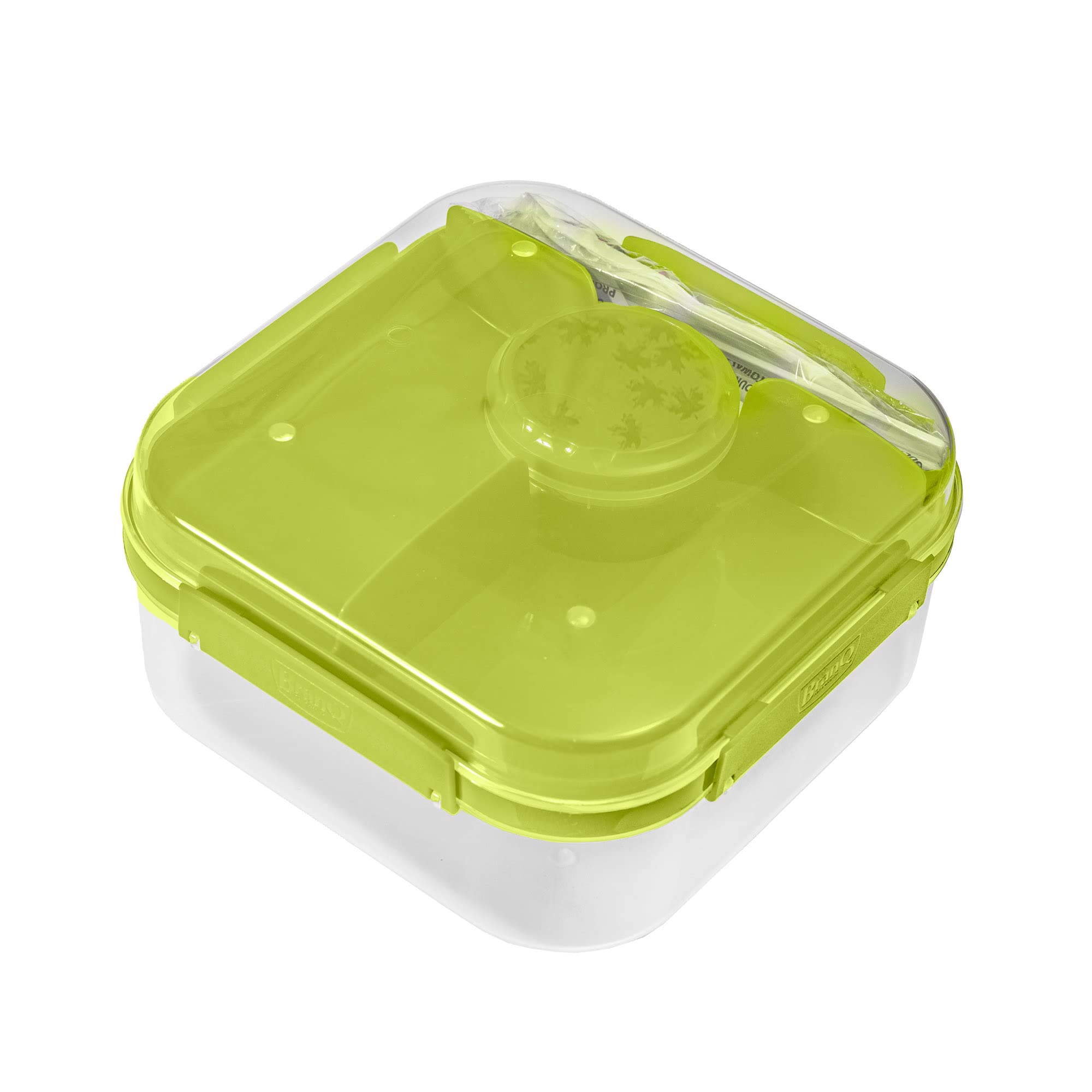 BranQ Home essential, 1.6 Litre BPA Free Plastic Lunch Box for Kids and Adults, Multi-Compartment 2 Layer Bento Box with Cutlery, Screw Cap Container and Secure Clip Lock Lid, Dishwasher Safe - Green