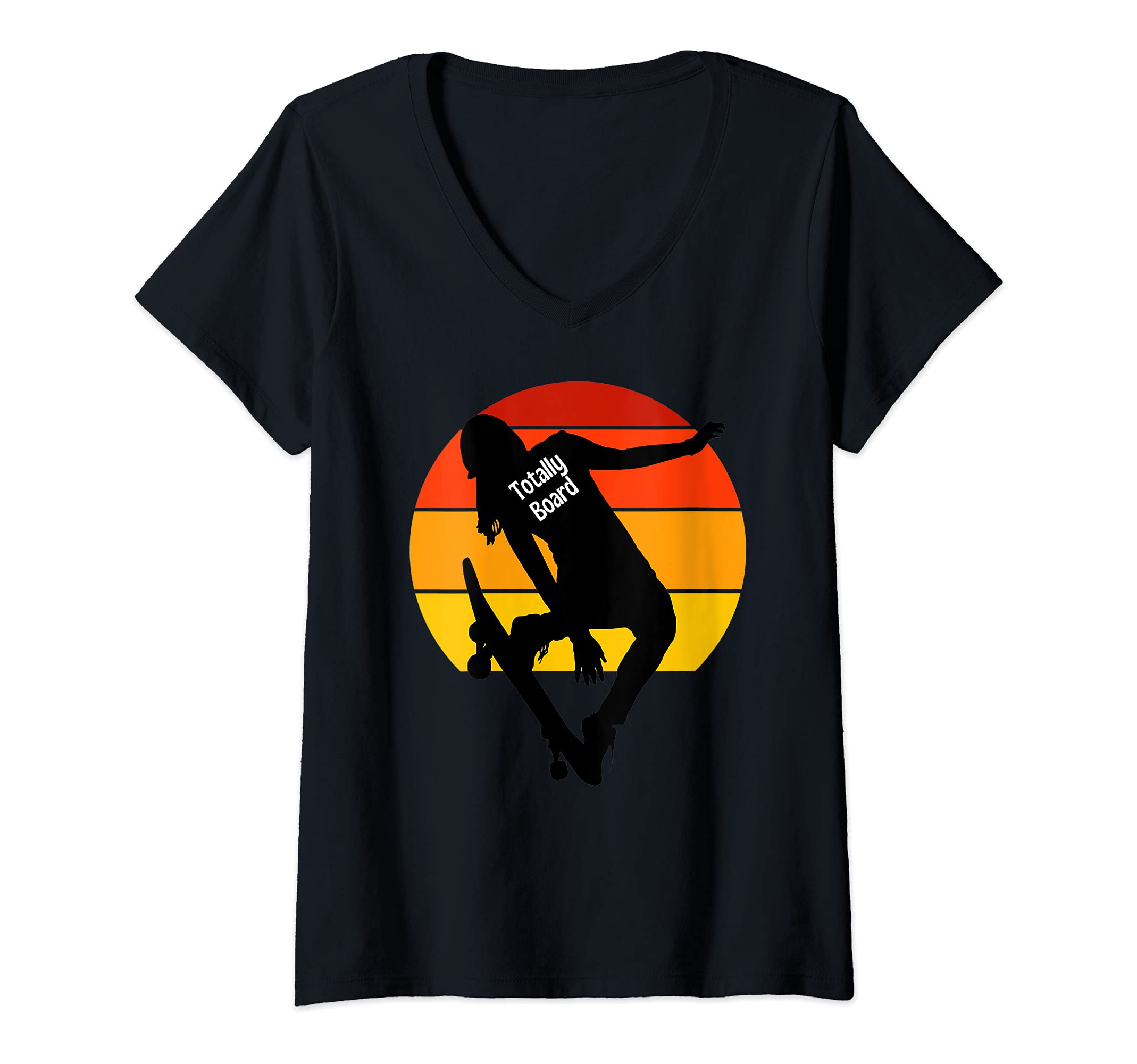 Womens Skateboarding Silhouette Girl Longboard Pro Skateboard trick V-Neck T-Shirt