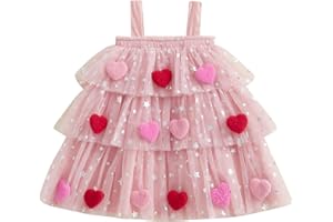OMKZANBI Toddler Girl Valentines Day Outfit Glitter Star Sequin Tulle Tutu Dress Heart Princess Dress Cake Smash Photo Shoot
