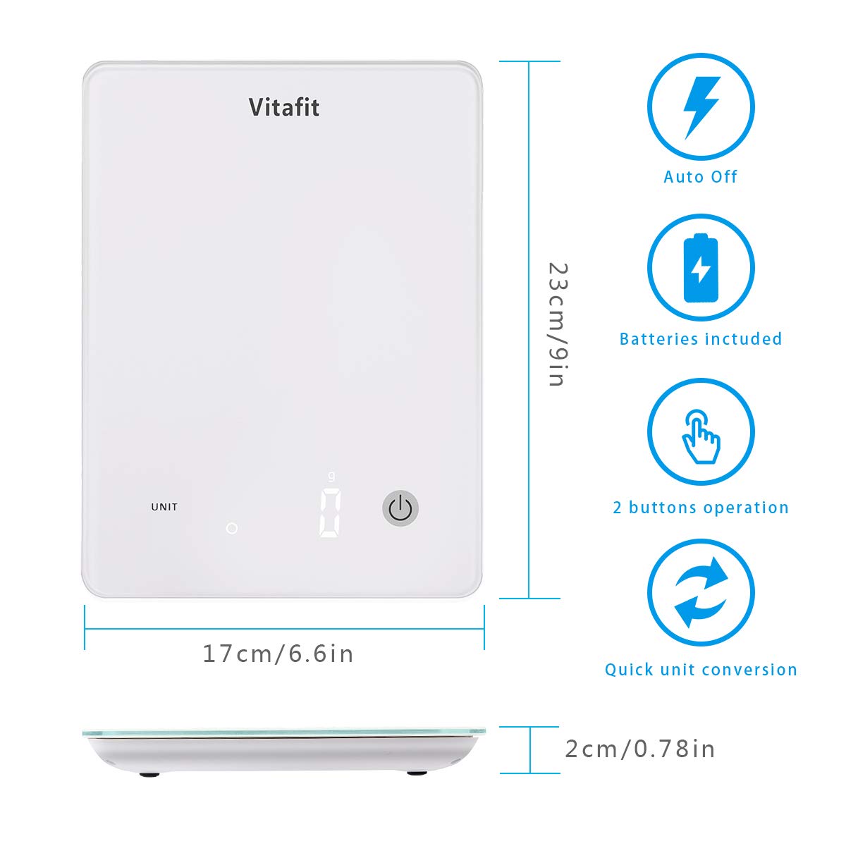 Vitafit 22lbs/10kg Digital Kitchen Scale, Multifunction Food Scale with LED Screen Display,Tempered glass platform,Batteries Included