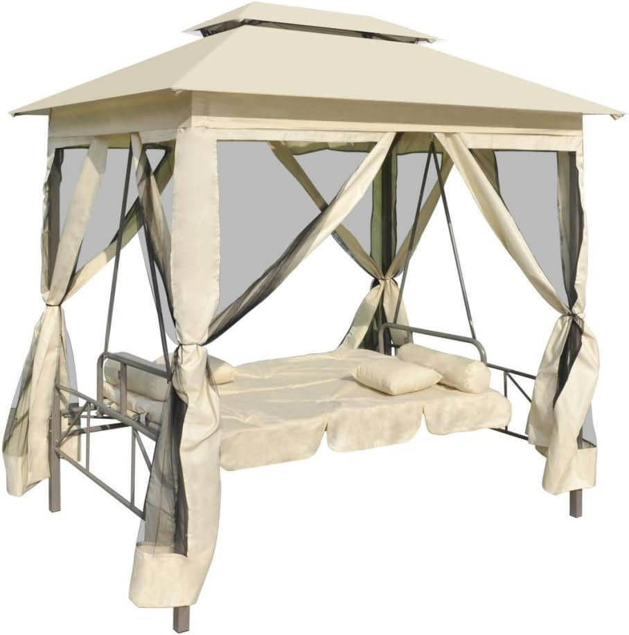 Outdoor Patio Double Swing Hammock Sun Lounger Bed w/ Canopy, Cream