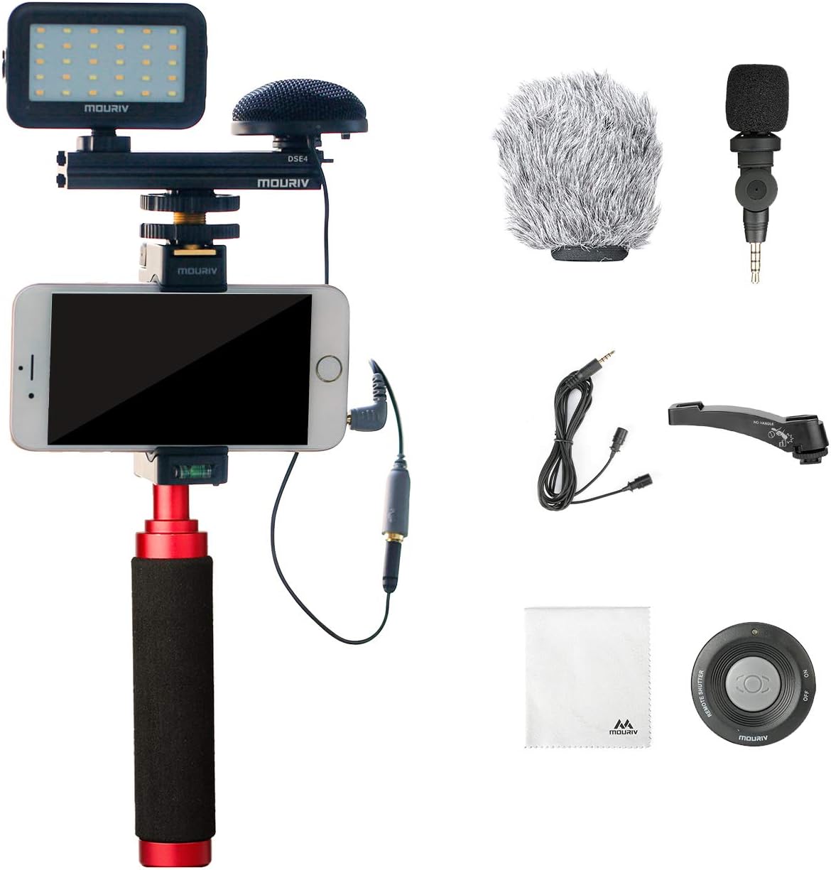 Mouriv PV-2 Smartphone Video Kit with Grip Rig, Omnidirectional Microphone, LED Light & Wireless Remote for YouTube Vlogging Facebook for iPhone 6, 6S, 7, 8, X, XS, XS Max, Samsung Galaxy, Note& More