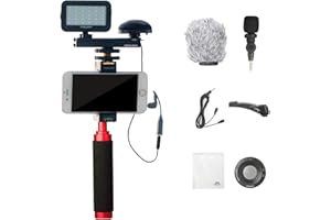 MOURIV PV-2 Smartphone Video Kit with Grip Rig, Omnidirectional Microphone, LED Light & Wireless Remote for YouTube Vlogging Facebook Compatible with iPhone 11, 8, X, Android Smartphone & More