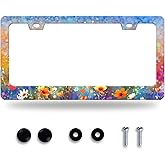 Abstract Floral License Plate Frame Watercolor Flowers License Plate Stainless Steel Funny License Plate Holder for Women Colorful Car Accessories Decoration 12.3" x 6.3"