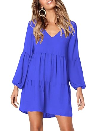 Beluring Tunika Kleid Damen Langarm Gerafft Schmeichelhaft Lose Casual Swing Kleid