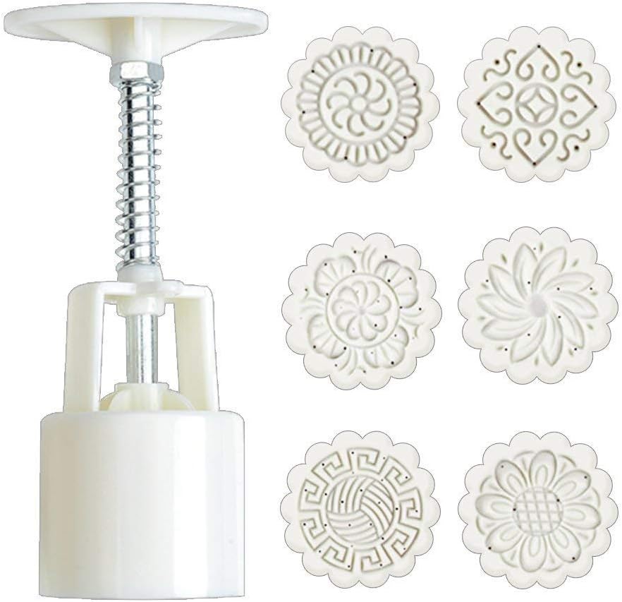 LILICAT Flower Mooncake Mold 6 PC 50g/75g/100g Hand Pressure Mould Cookie Cutter DIY Cake Decoration Tool Mid-autumn Festival Hand Press Moon Cake Cutter Molds Set (White 6PC, 50g)