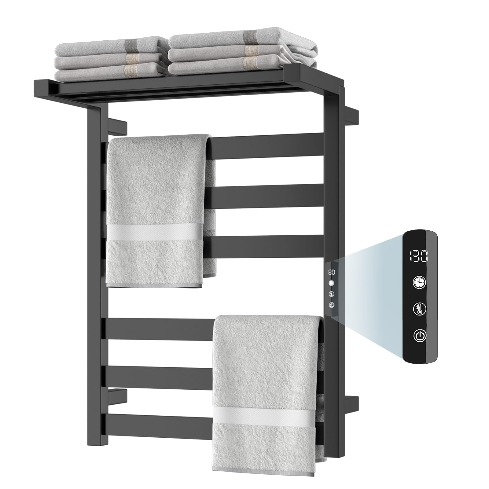 Photo 1 of Chomolhari Tower Warmer Rack, 6 Bars Stainless Steel Wall Mounted Electric Heated Towel Rack for Bathroom, Built-in Timer, Hard-Wired & Plug in, Glossy Black (Glossy Black)