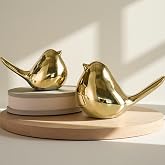 TSCVPJL Ceramic Birds Figurines Home Decor, Set of 2 Gold Birds Statue, Chubby Small Bird Figurines, Modern Style Bird Decor for Home Living Room Desk Bookshelf Coffee Table Office Desktop (Gold)