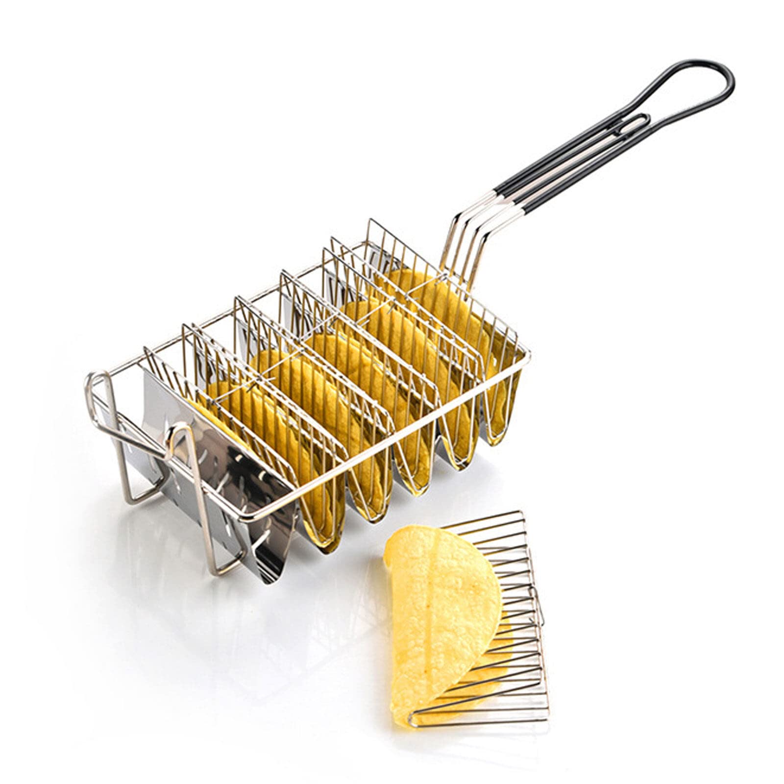 Photo 1 of Taco Fryer Basket 6 Shells, Detachable Handle Taco Shell Fry Basket, Holds 6 Shells Deep Fryer Taco Holder Basket Cooking Tool for Kitchen Milk Tea Shop Fried Chichen Shop