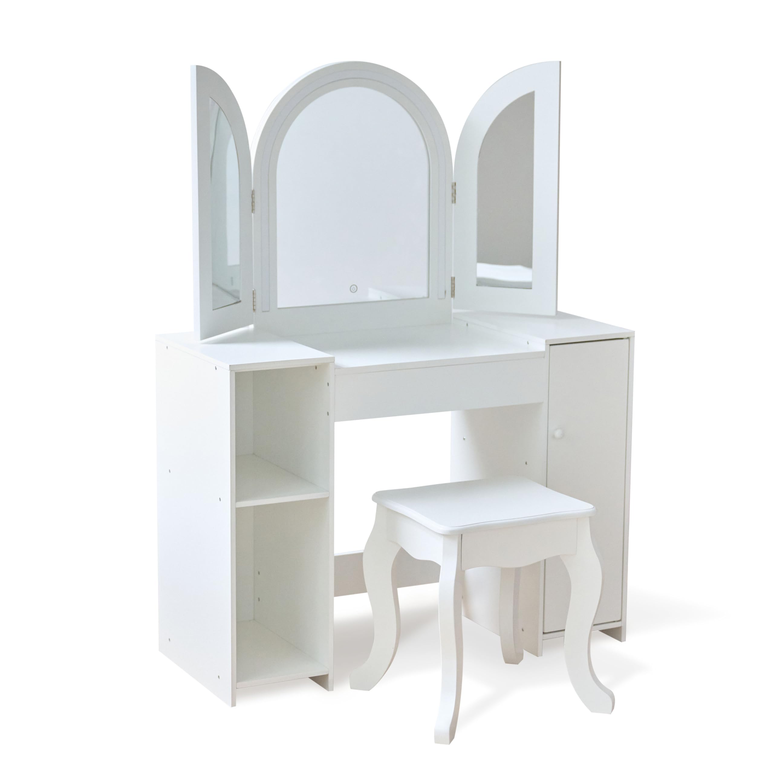 Teamson Kids 2-in-1 White Vanity Desk Set with Mirror & Stool for Girls - Dual Purpose Deluxe Glow Play Makeup Vanity & Desk with LED Lights & Cork Panels for Kids Ages +3 Image Teamson Kids 2-in-1 White Vanity Desk Set with Mirror & Stool for Girls - Dual Purpose Deluxe Glow Play Makeup Vanity & Desk with LED Lights & Cork Panels for Kids Ages +3 Image