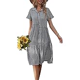 chouyatou Women's Summer Flutter Sleeve Midi Long Gingham Dress Plaid Button Down Shirt Dress