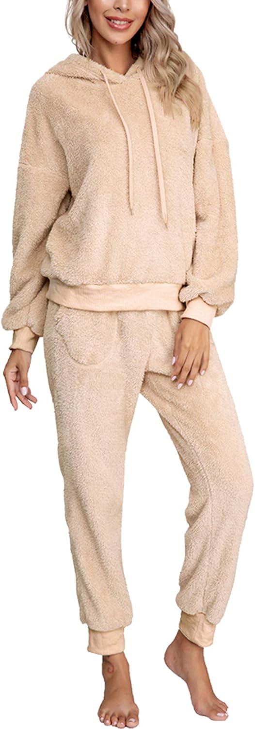 Huyghdfb Women Girls PJ's Sherpa Fleece Pajama Set Pyjama Flannel