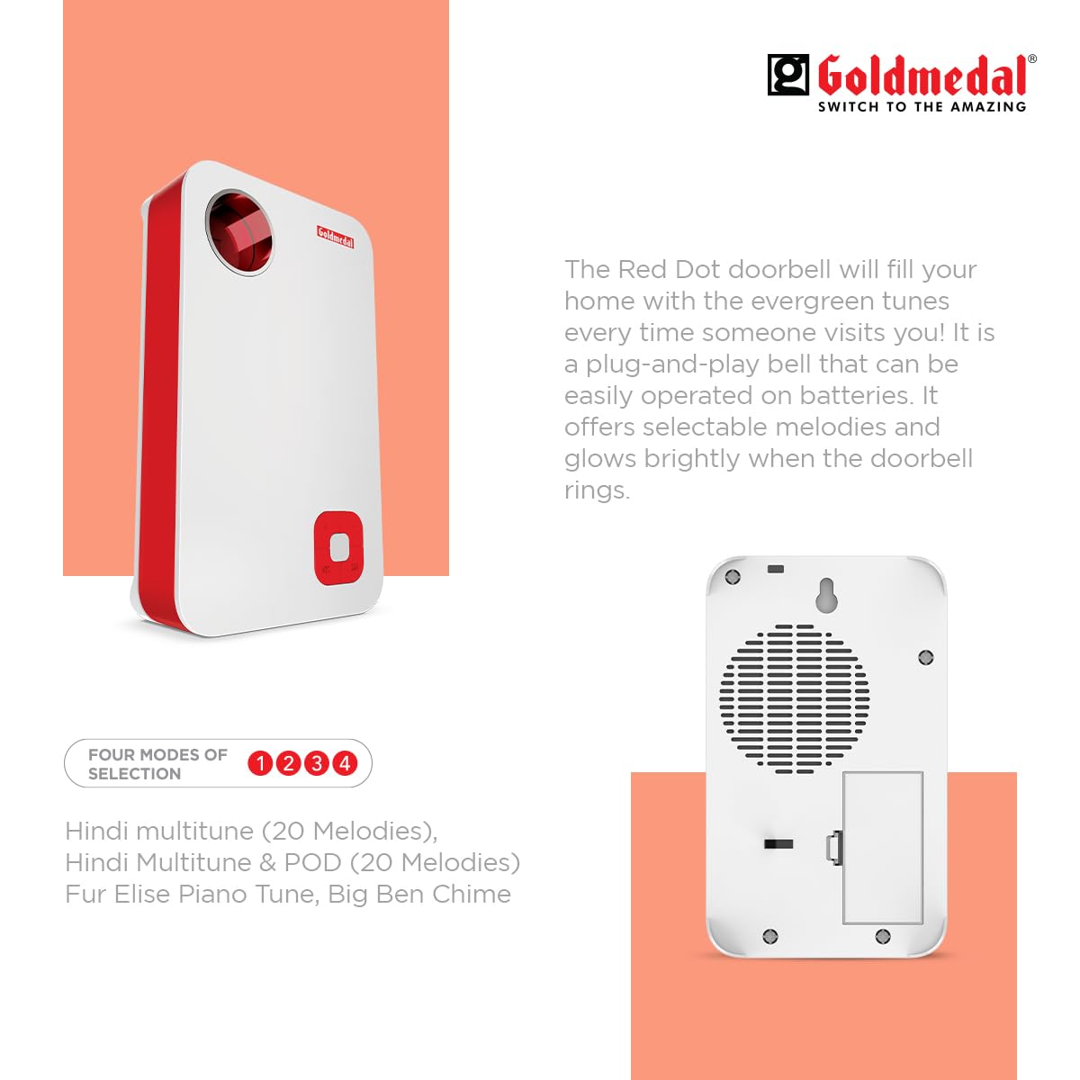 Goldmedal Red Dot Polyphonic Door Bell For Home | Calling Bell For Office,School | Wired Electric Door Bell | LED Flash Light | - White & Red 2