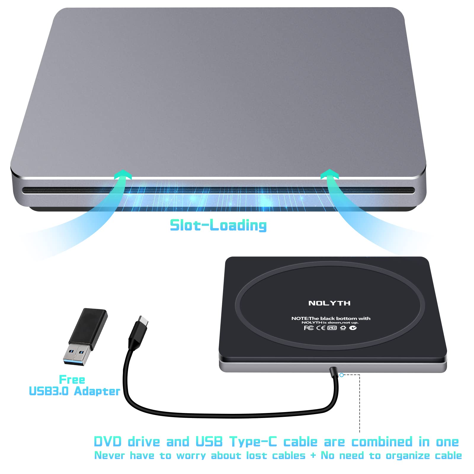 NOLYTH CD Drive External for Mac: USB C DVD Burner Player SuperDrive for Laptop Windows Apple Plug & Play High-Speed Data Backup with USB3.0 Adapter Aluminum(Grey)