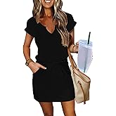 SAUKOLE Women Summer T Shirt Dress Casual Short Sleeve V Neck Dress with Pockets Drawstring Waist Short Dresses