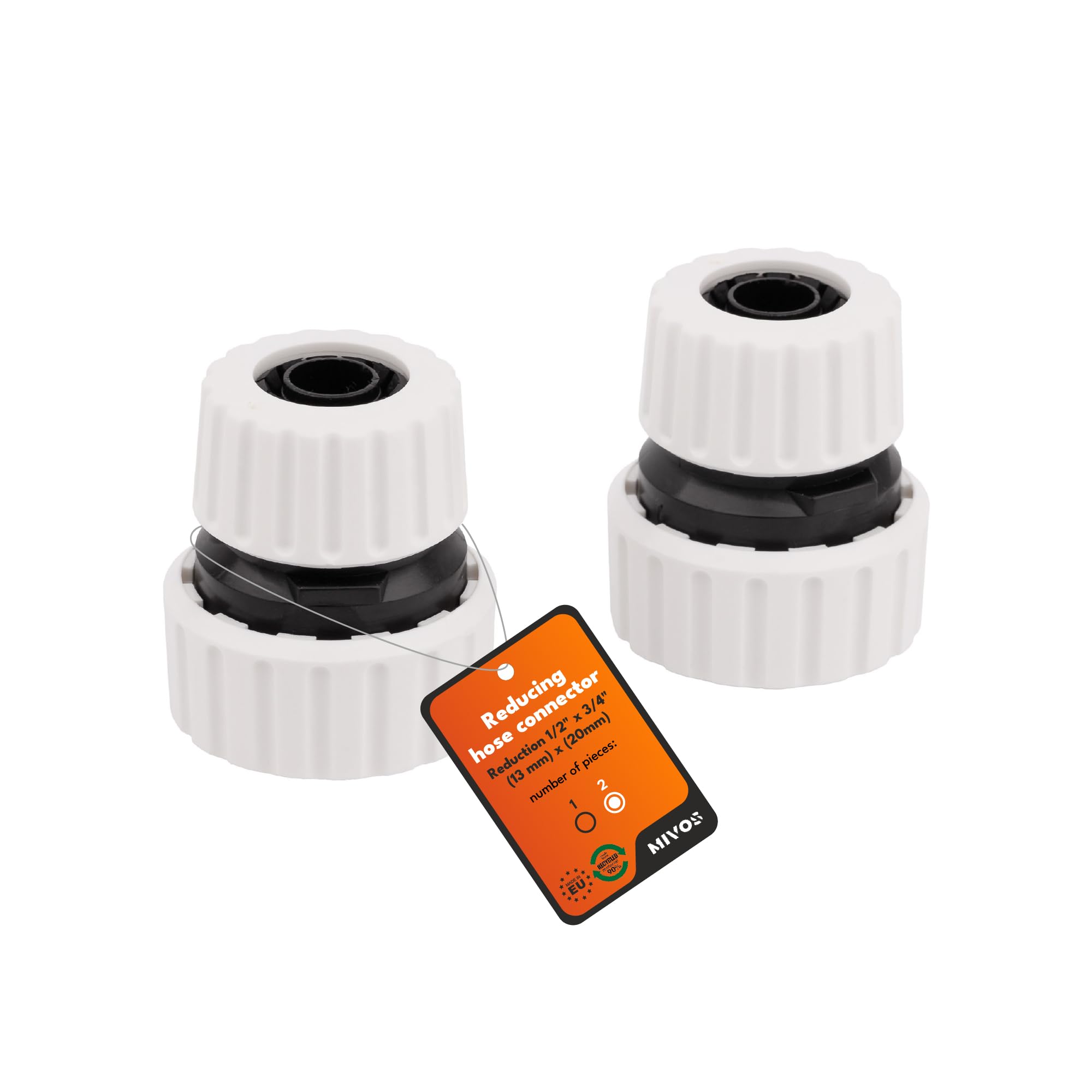 Mivos 2 x Hose Coupling 1/2 Inch to 3/4 Inch – Hose Reducer – Made from 90% Recycled Plastic – Connector 1/2 Inch (13 mm) by 3/4 Inch (19 mm) – Made in the EU