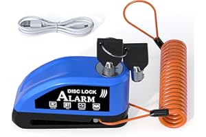 JAGASOL Motorcycle Lock Rechargeable, Alarm Disc Brake Lock with Reminder Cable, 110 dB Alarm Sound, Anti-Theft Waterproof, 2 H Fast-Charging, 9 Months Standby, 7 mm Lock Pin Universal for Bikes