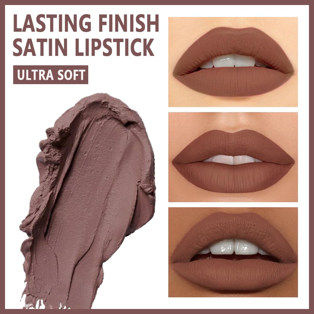 Brown Matte Cream Lipstick,Velvet Waterproof Long Lasting Smudge Proof for Women Lip Stick,Magic Lipstick 24 Hours Original Lip Liner Makeup,labiales mate 24 horas originales,Vegan,1 Count