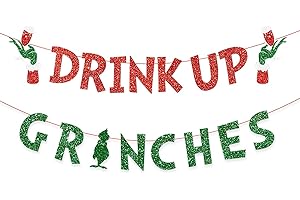 DUZILLE Christmas Banner Grinches Party Decorations Drink Up Banners Indoor, Glittery Christmas Decor Banner, Red Green Banner for Home Fireplace Decor