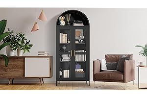 MemoryField Modern Farmhouse Entryway Cabinet, 73" Tall Arched Metal Storage with Glass Doors, 2 Adjustable Shelves, Freestan