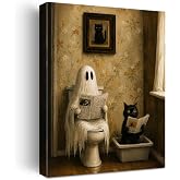 Halloween Bathroom Wall Art Canvas Print Framed Ghost Black Cat in Poster | Halloween Bathroom Wall Decor For Half Bath Living Room Ghost Reading Cute Black Cat Spooky Fall Decor Cat Lover Gift