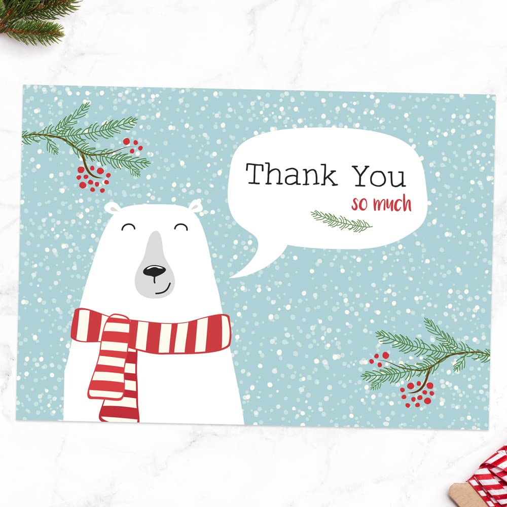 Kids Christmas Thank You Cards - Festive Polar Bear - Pack of 10. Xmas Greetings for Family, Friends, and Kids. Thank You Cards to Relative, Parents, Family. Envelopes Included (3004)