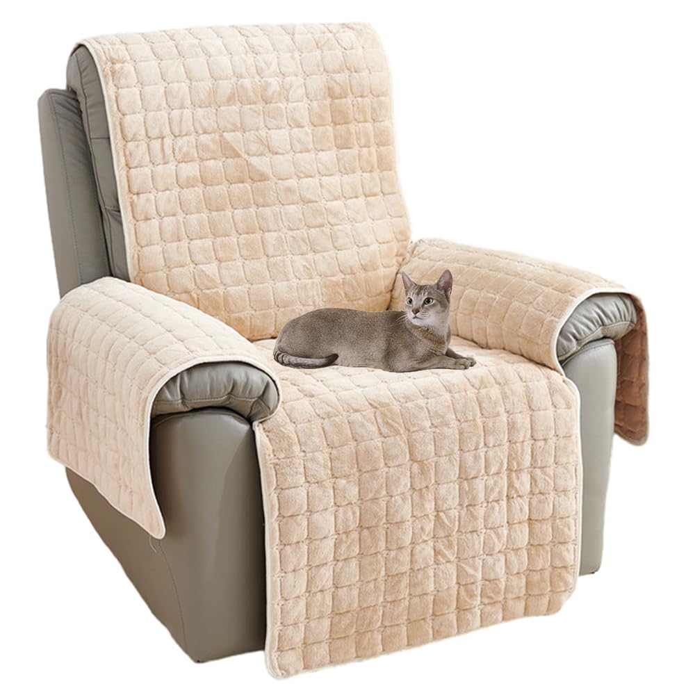 NUODWELL Recliner Chair Cover, Plush Non Slip Armchair Cover, Super Soft Washable Sofa Slipcover Furniture Protector Cover for Kids and Pets (Beige, 116 * 190CM)