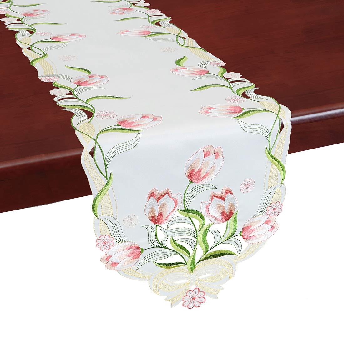 Simhomsen Embroidered Tulip Table Runners, Spring Floral Table Linens (Pink, 13 × 54 Inch)